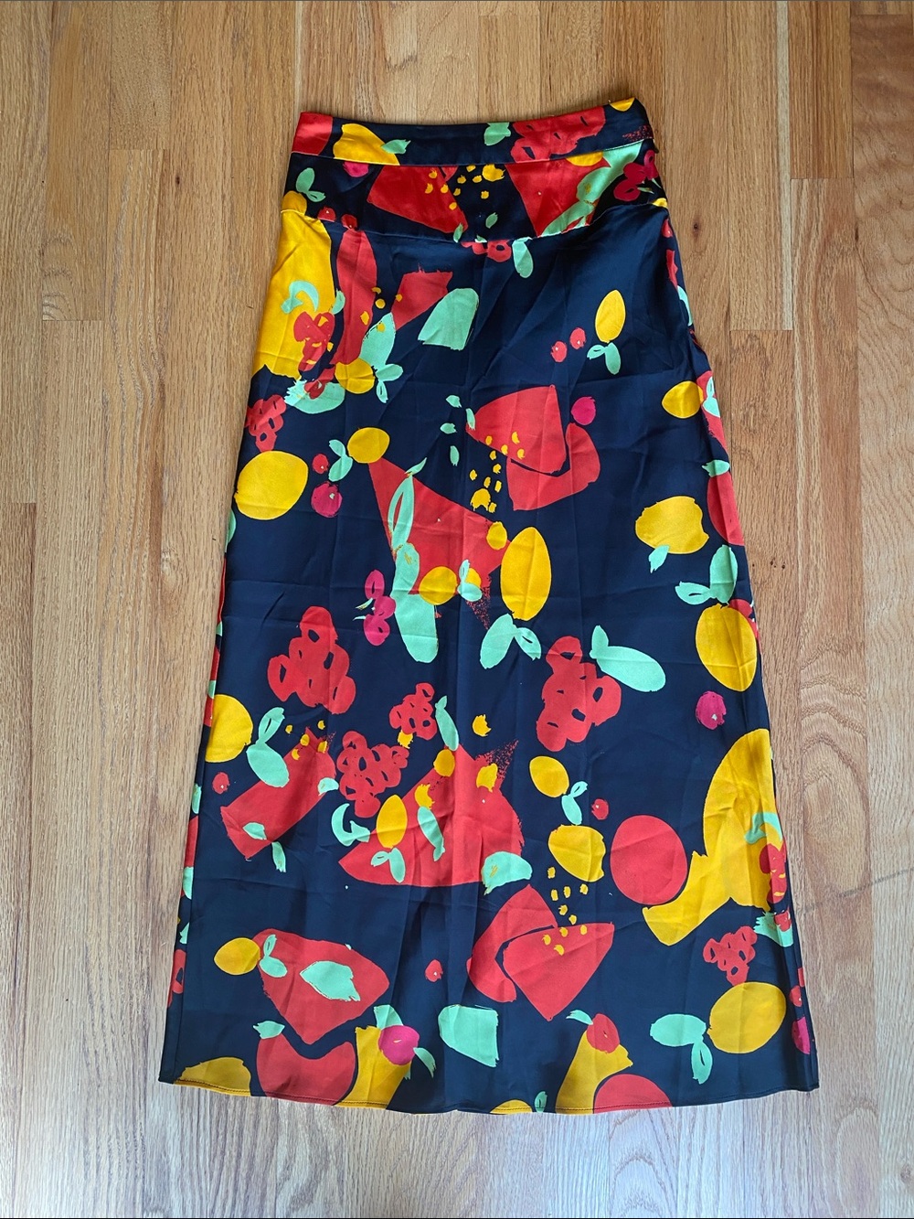 Free People Black Maxi Skirt with Red, Yellow & Green Fruit Print